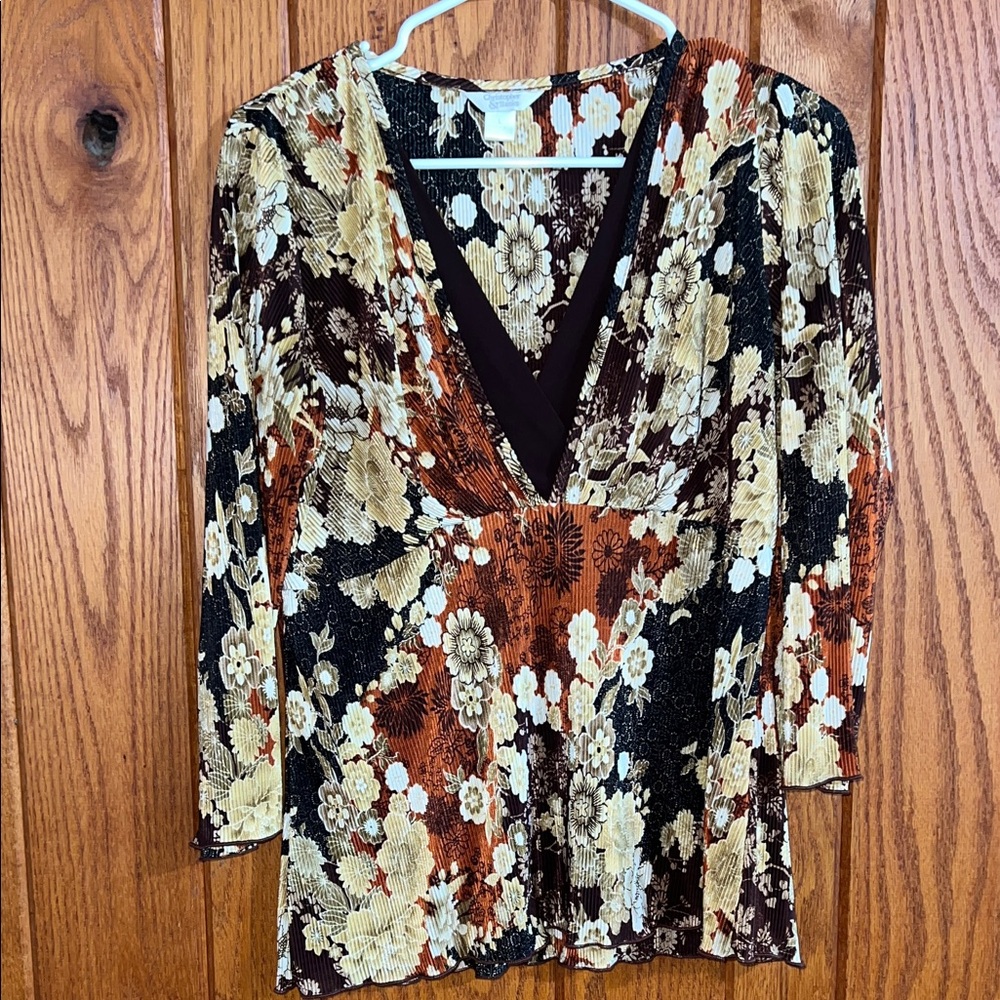 Christopher & Banks Y2K Floral V-Neck Blouse - Black, Brown, Cream Size L